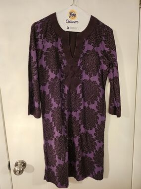 Tory Burch Purple Knit Long Sleeve Dress - Brown Floral Print With Side Zipper